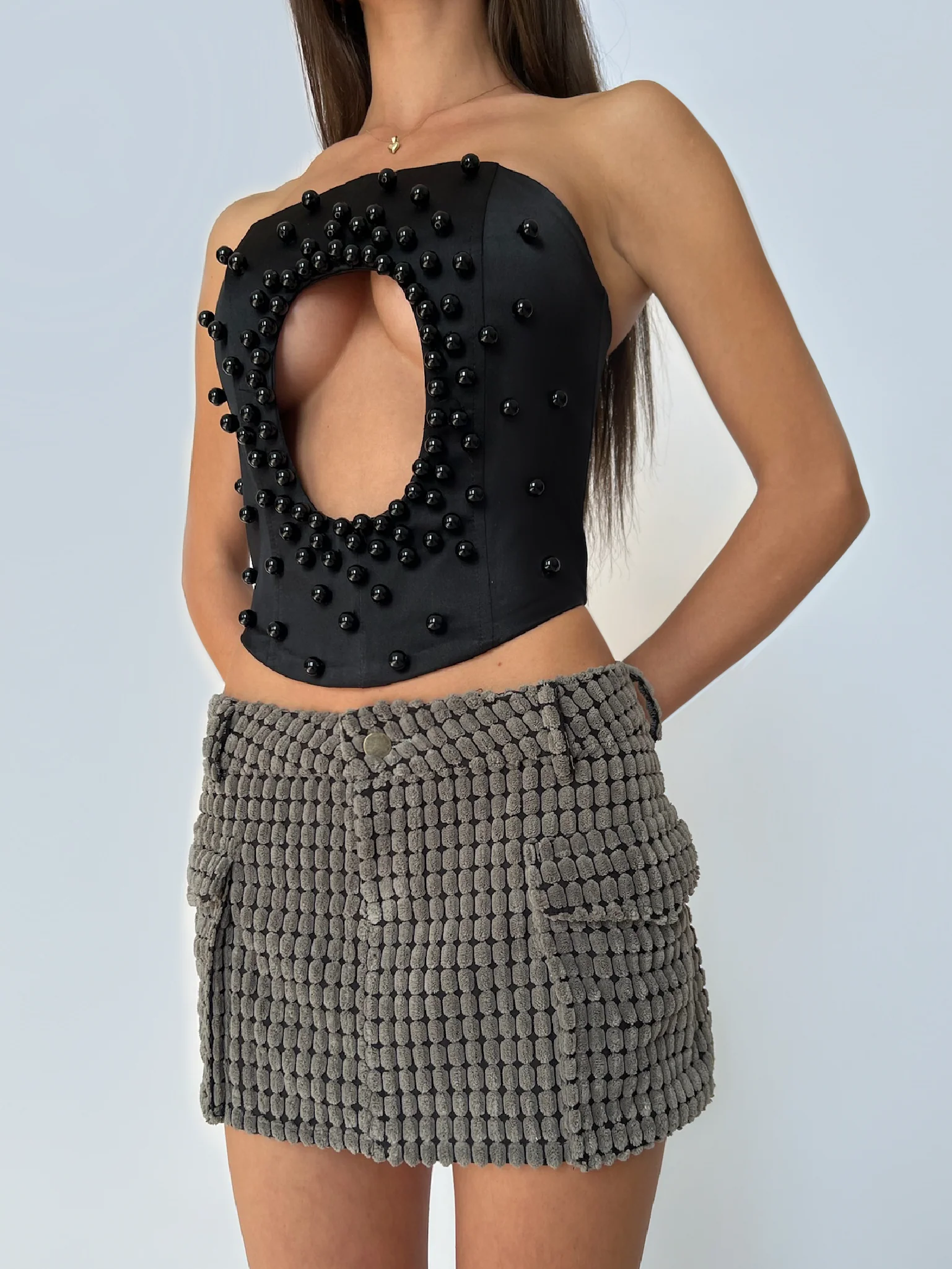Black Beaded Cutout Corset - Image 2